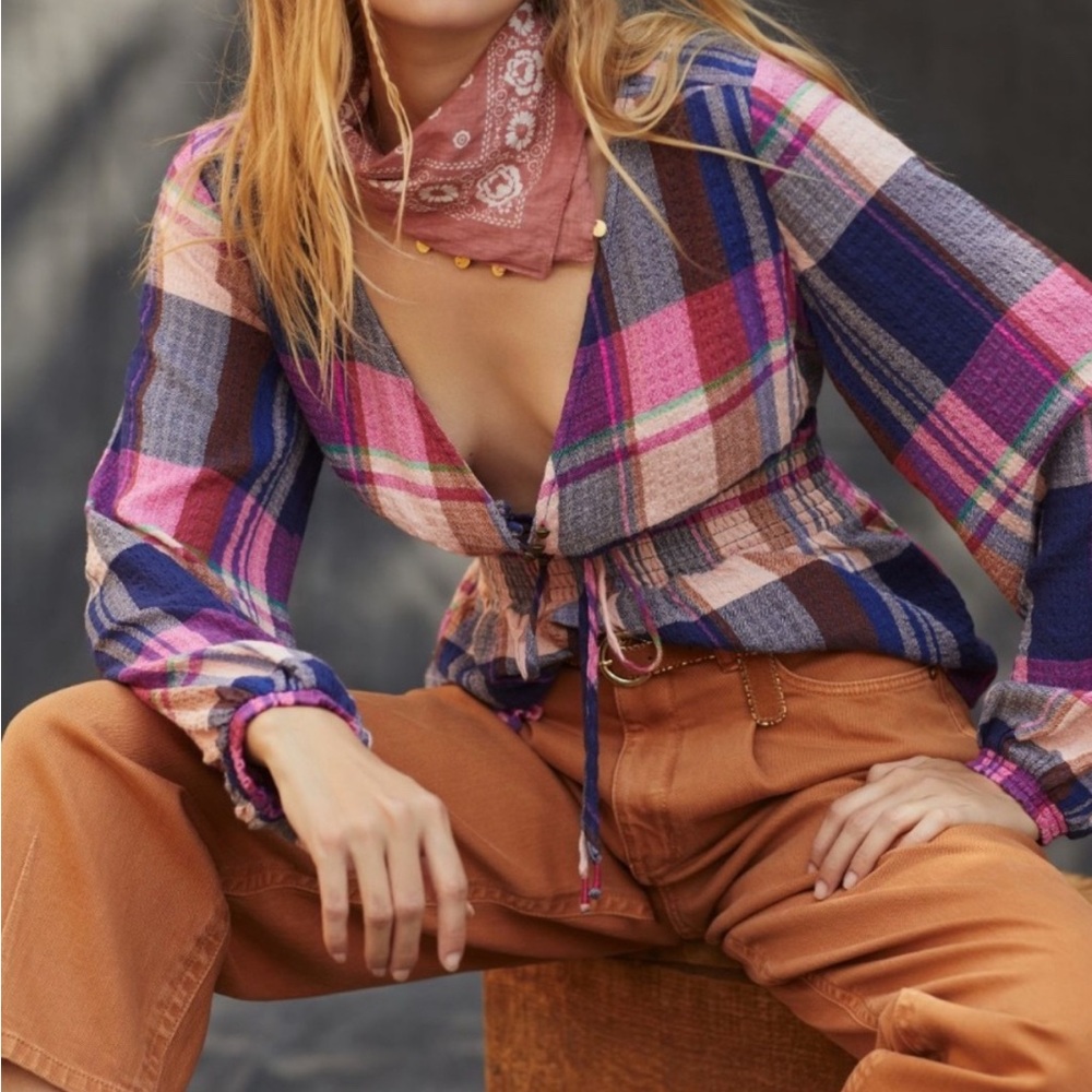 Anthropologie Pilcro Deep V Plaid Blouse - size small